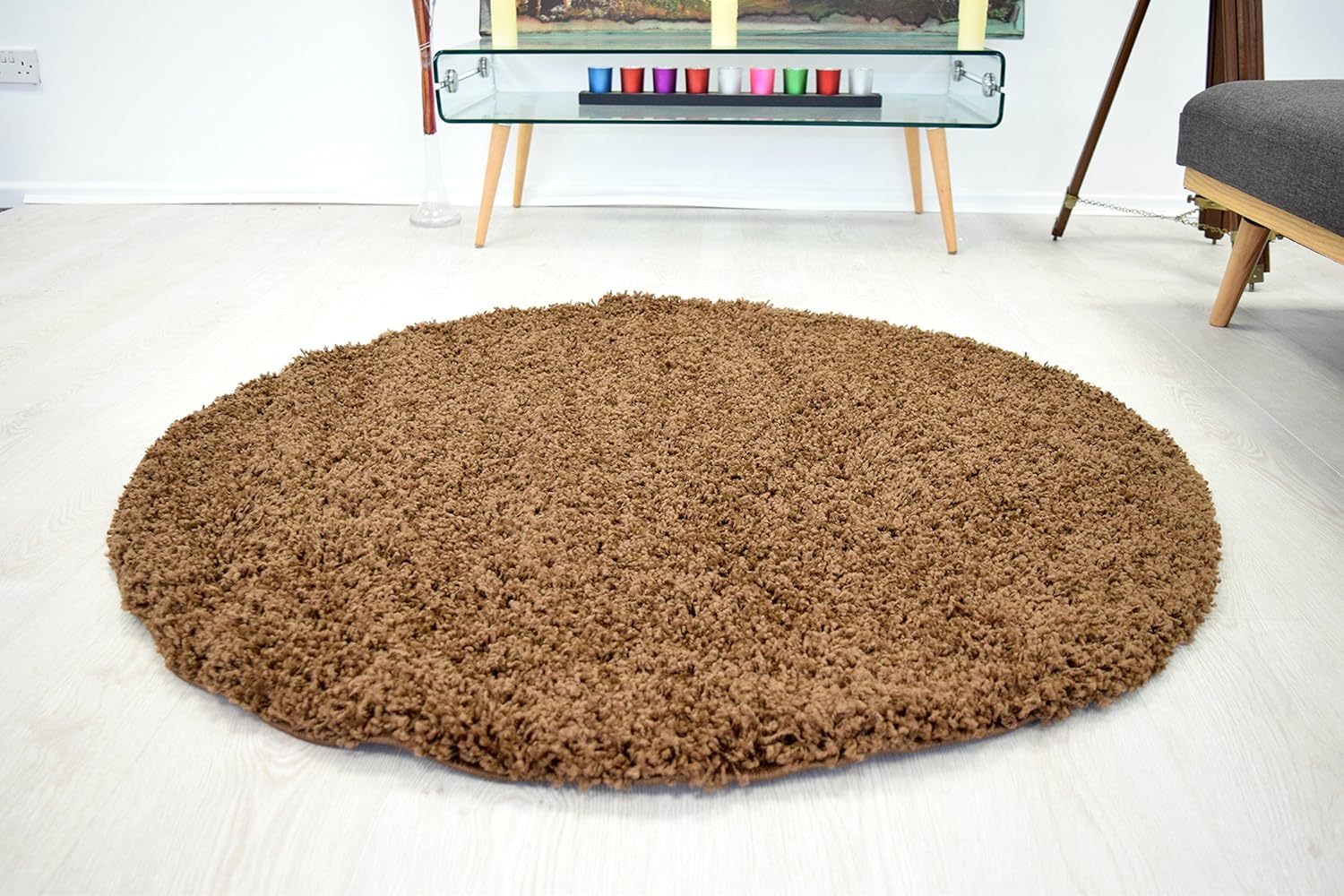 AHOC® 120cm Light Brown Round Circle Plain Modern Shaggy Rugs Mats