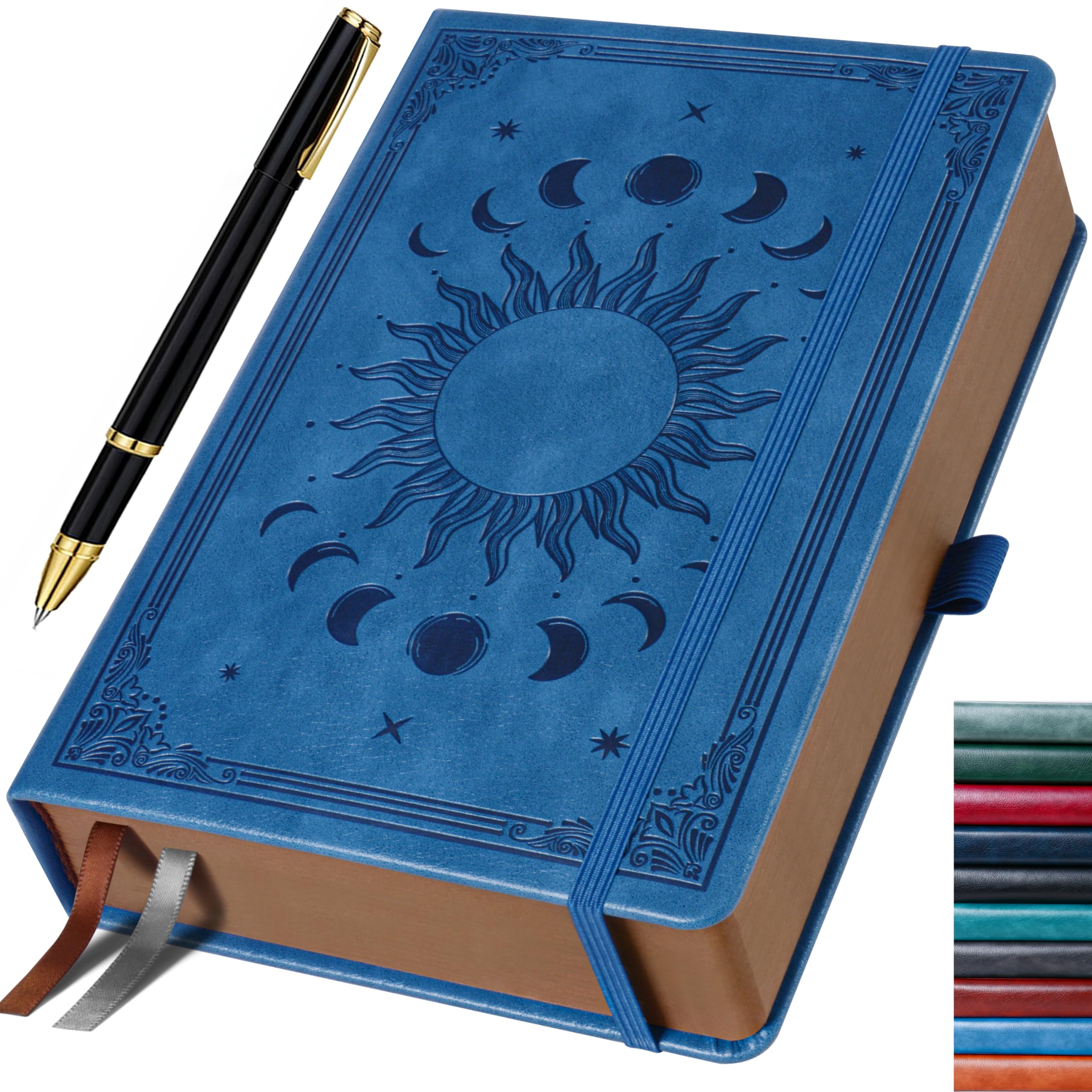 HwxBen Journal for Men & Women, Daily for Classic Lined Writing, 360 Pages Hardcover Journaling Notebook with Pen, Vintage Sun & Moon Design, Blue,B5 (7.7'' x 10'')