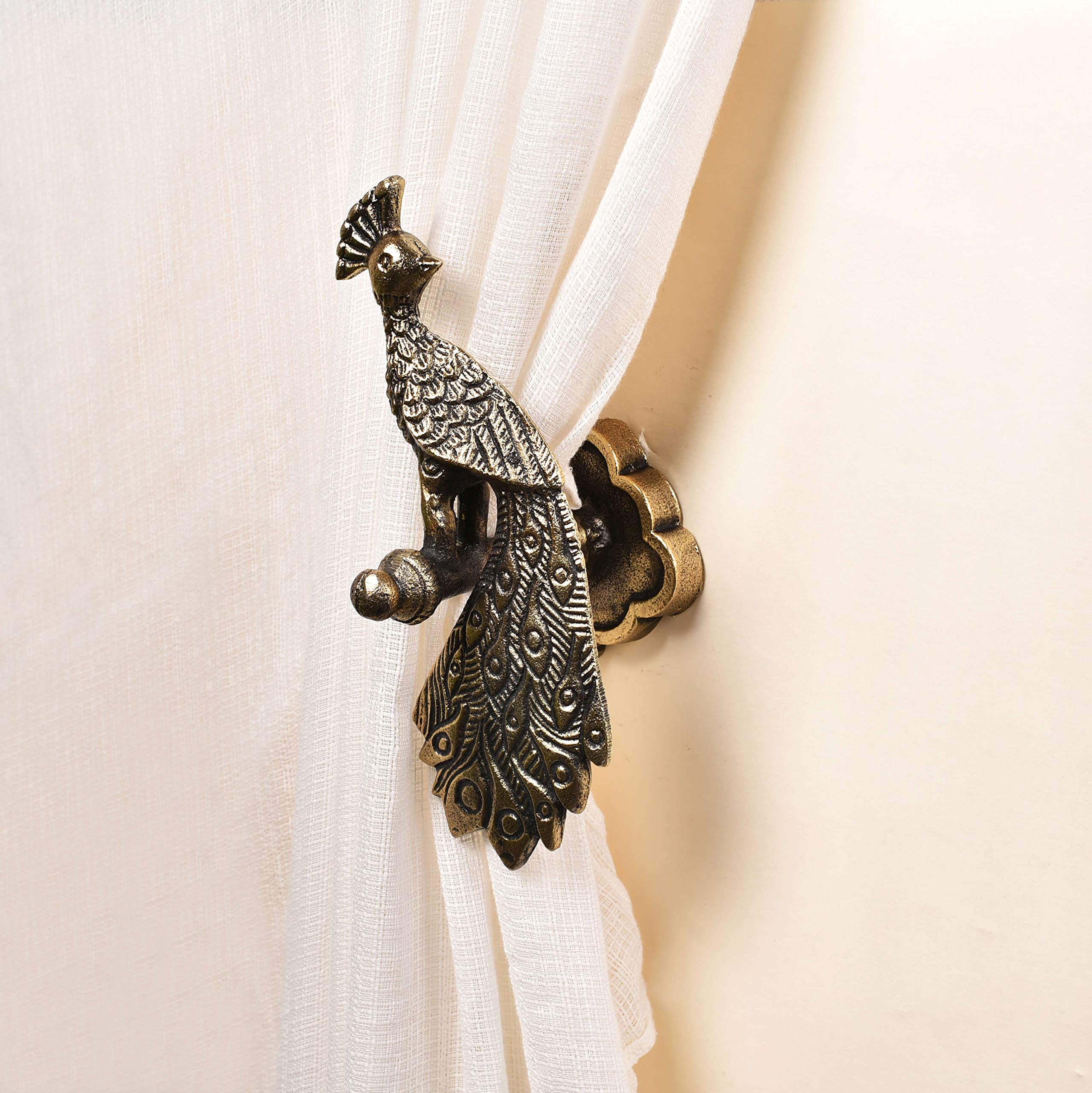 Peacock-Shaped Curtain Tie Back Holder with Flower-Shaped Backplate/Aluminum Cast Hook with Brass Finish/Metal Curtain Holdback (Right Facing)