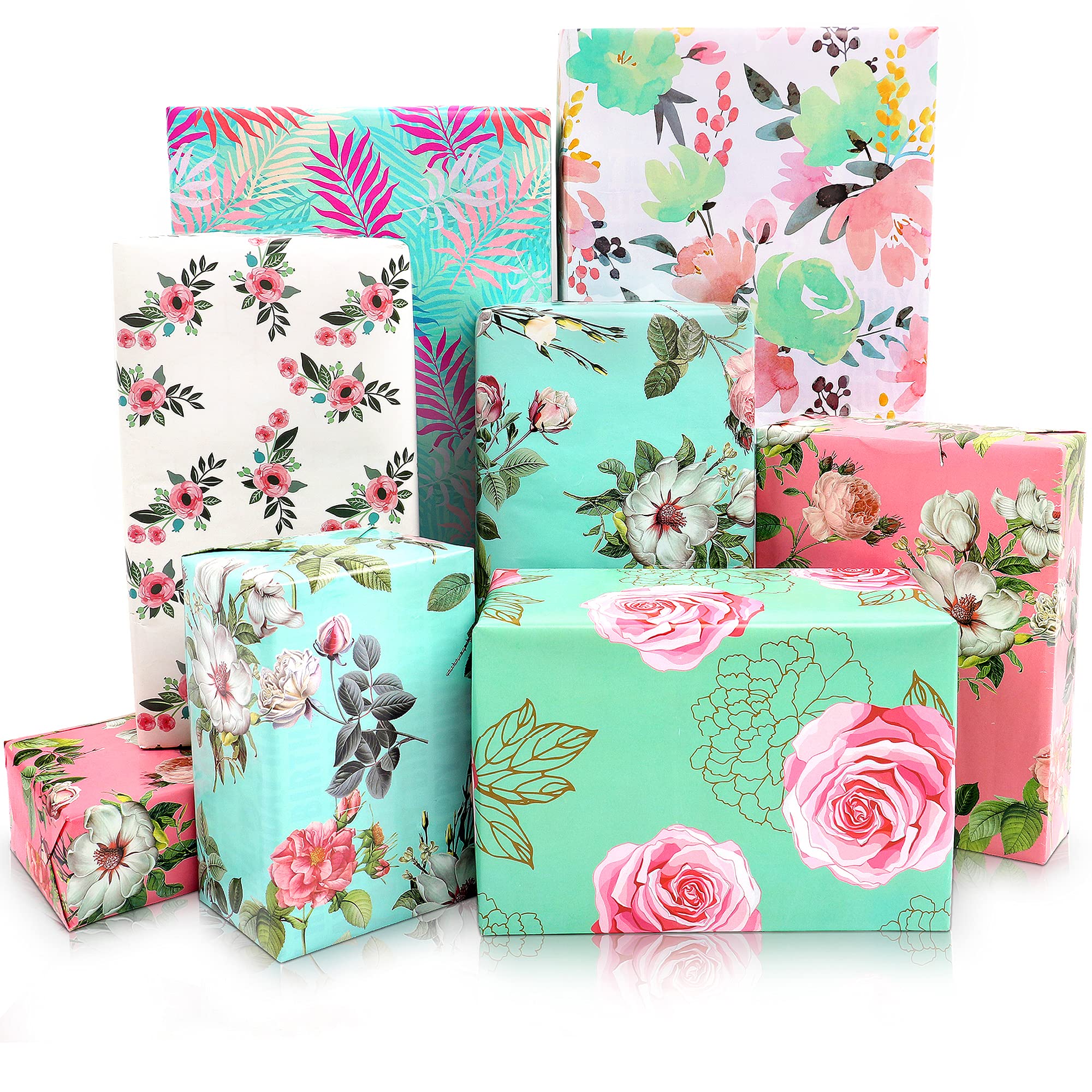 Floral Birthday Gift Wrapping Paper, 12 Sheets Pink and Cyan Flower Wrapping Paper Set for Women Girls, Gift Wrap Paper Sheets for Wedding Birthdays Valentines Mother’s Day All Occasions, 50 x 70CM