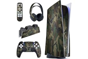 PlayVital Army Green Camouflage Full Set Skin Decal for ps5 Console Disc Edition, Sticker Vinyl Decal Cover for ps5 Controller & Charging Station & Headset & Media Remote