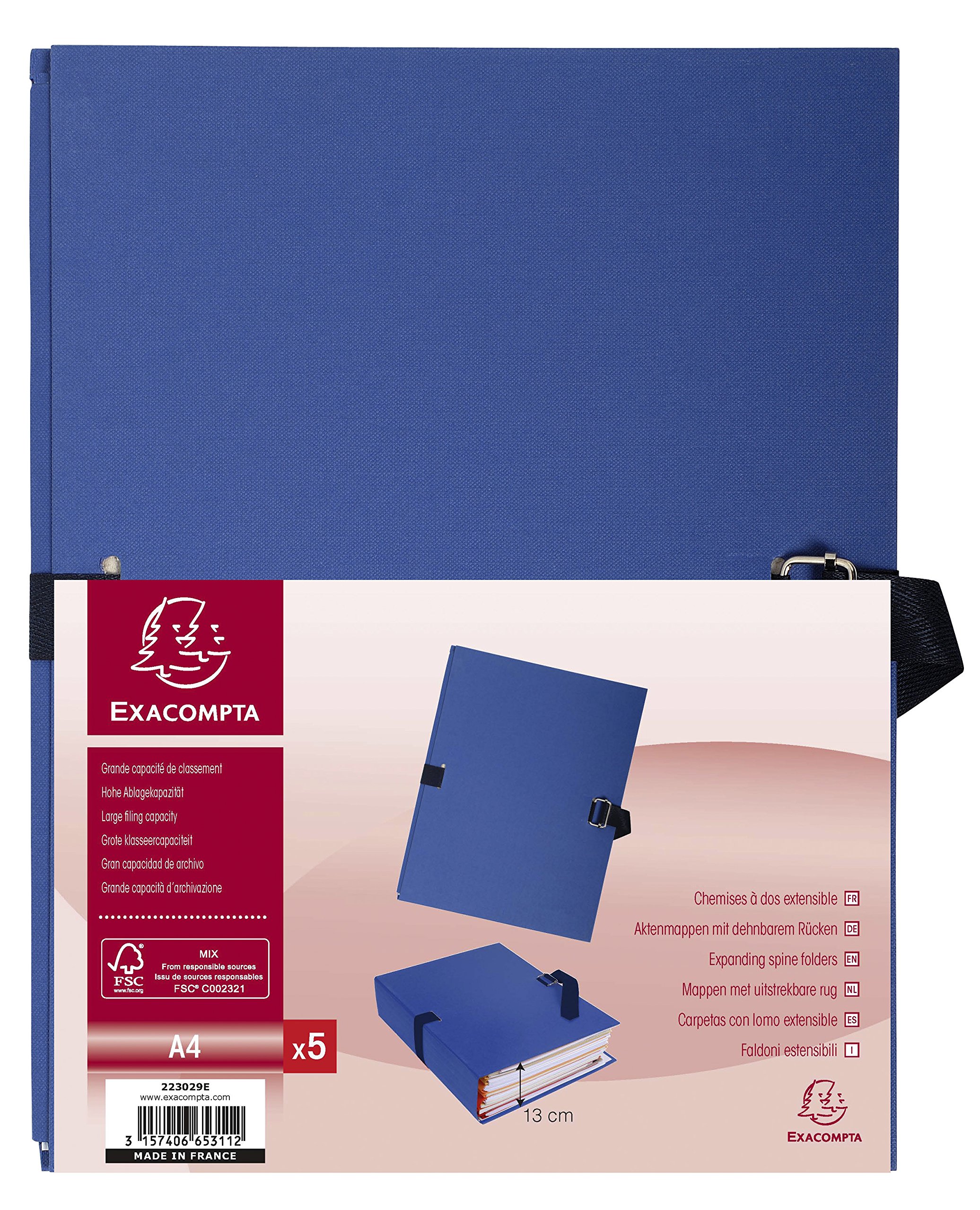 Exacompta - Ref 223029E - Expanding Folder - 240 x 320mm in Size, Suitable for Storing A4 Documents, Expands Up To 13cm , Coloured Canvas with Matching Strap - Dark Blue (Pack of 5)
