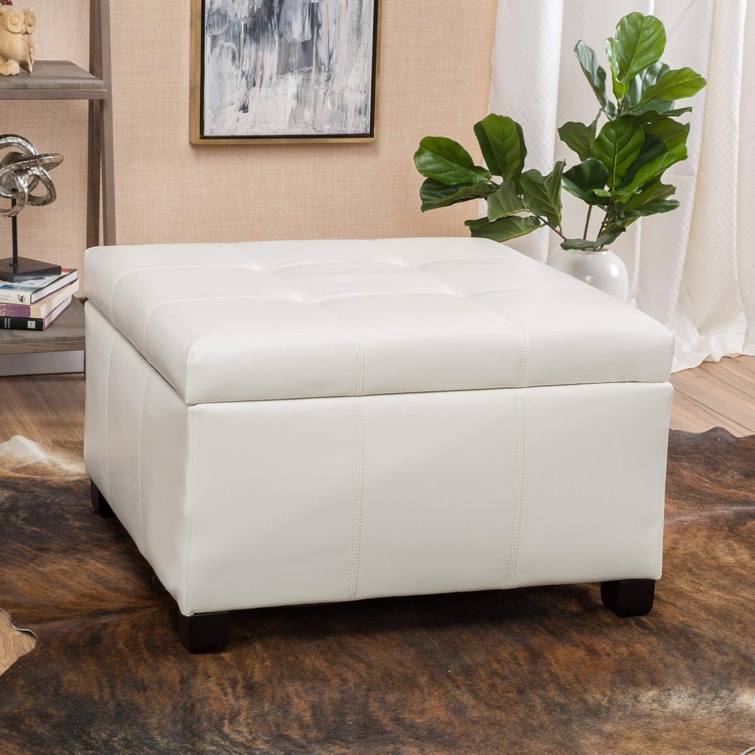 Christopher Knight Home 296841 Living Kensington KD PU Ivory Storage Ottoman, 30.00D x 30.00W x 18.50H