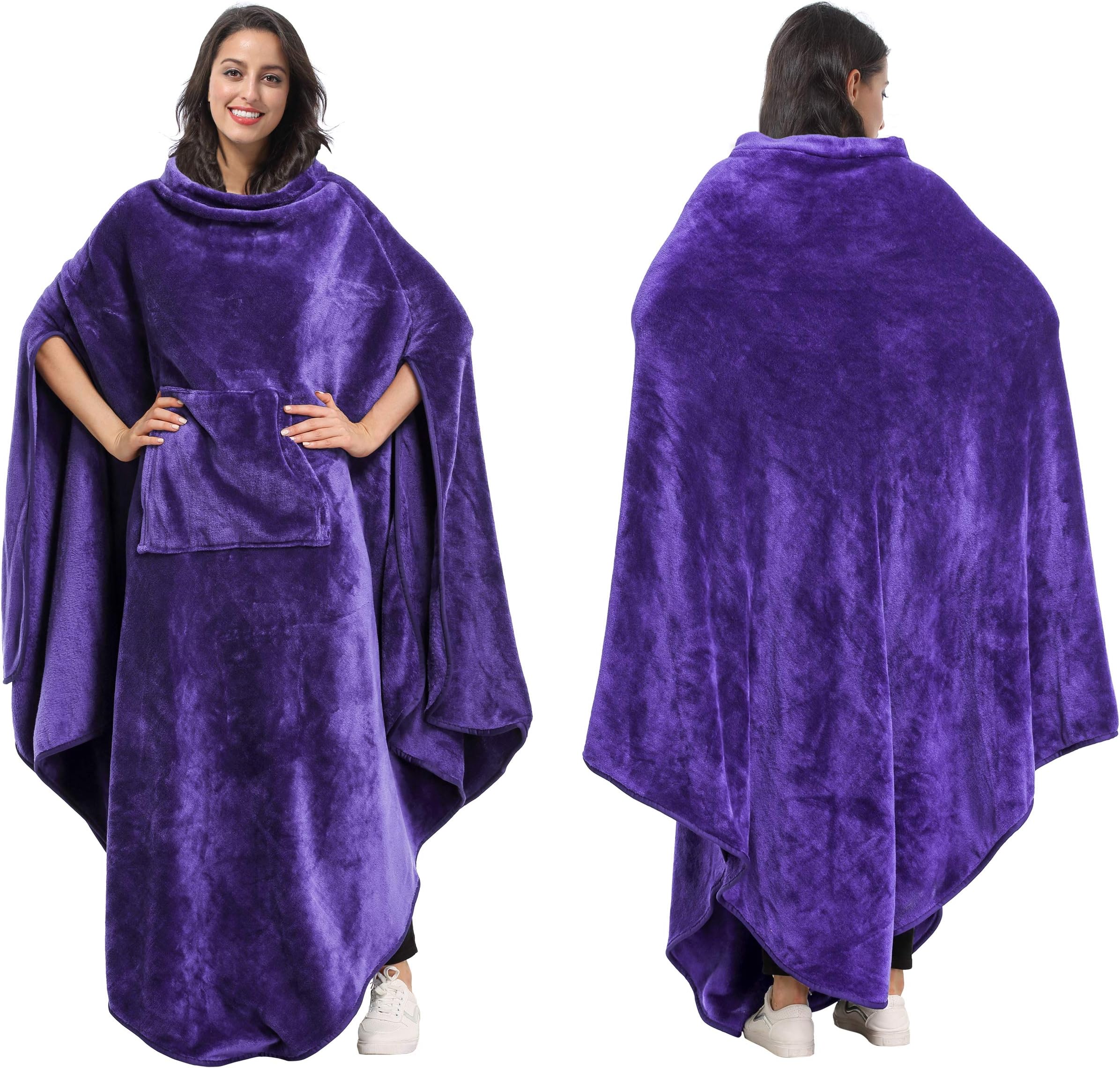 TirriniaTirrinia Fleece Wearable Blanket Comfy Poncho Plush Sleevesless Blankets for Adult Women Men Kids Capee Wrap Cover for Full Body, Indoors & Outdoors, Purple