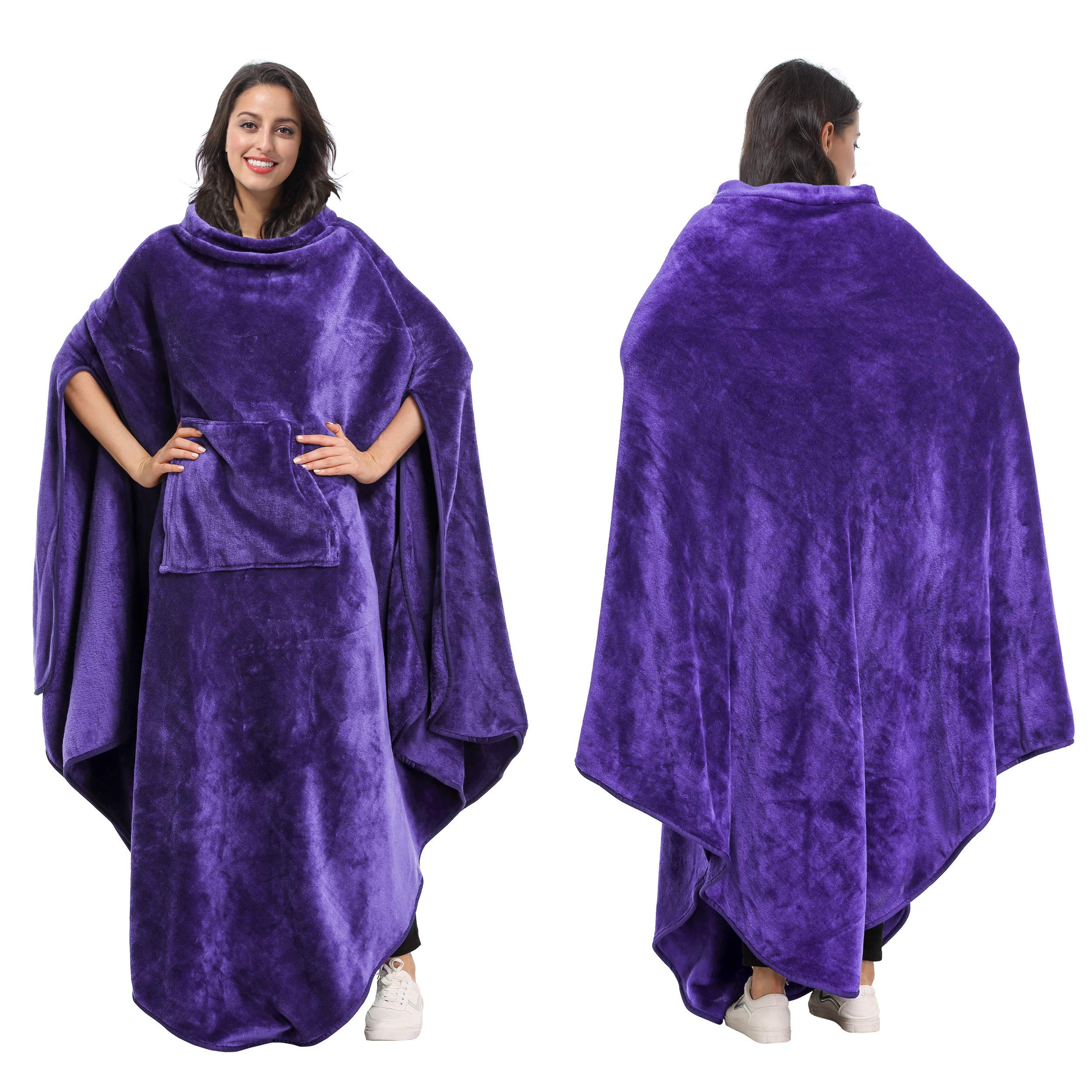 TirriniaTirrinia Fleece Wearable Blanket Comfy Poncho Plush Sleevesless Blankets for Adult Women Men Kids Capee Wrap Cover for Full Body, Indoors & Outdoors, Purple