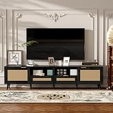 Virubi Boho TV Stand with Rattan Doors &amp; Drawers, for TVs up to 85" | Boho Entertainment Center with 2 Doors &amp; 2 Drawers, Open shelves &amp; Solid Wood Feet, Vintage Console Table for Living Room