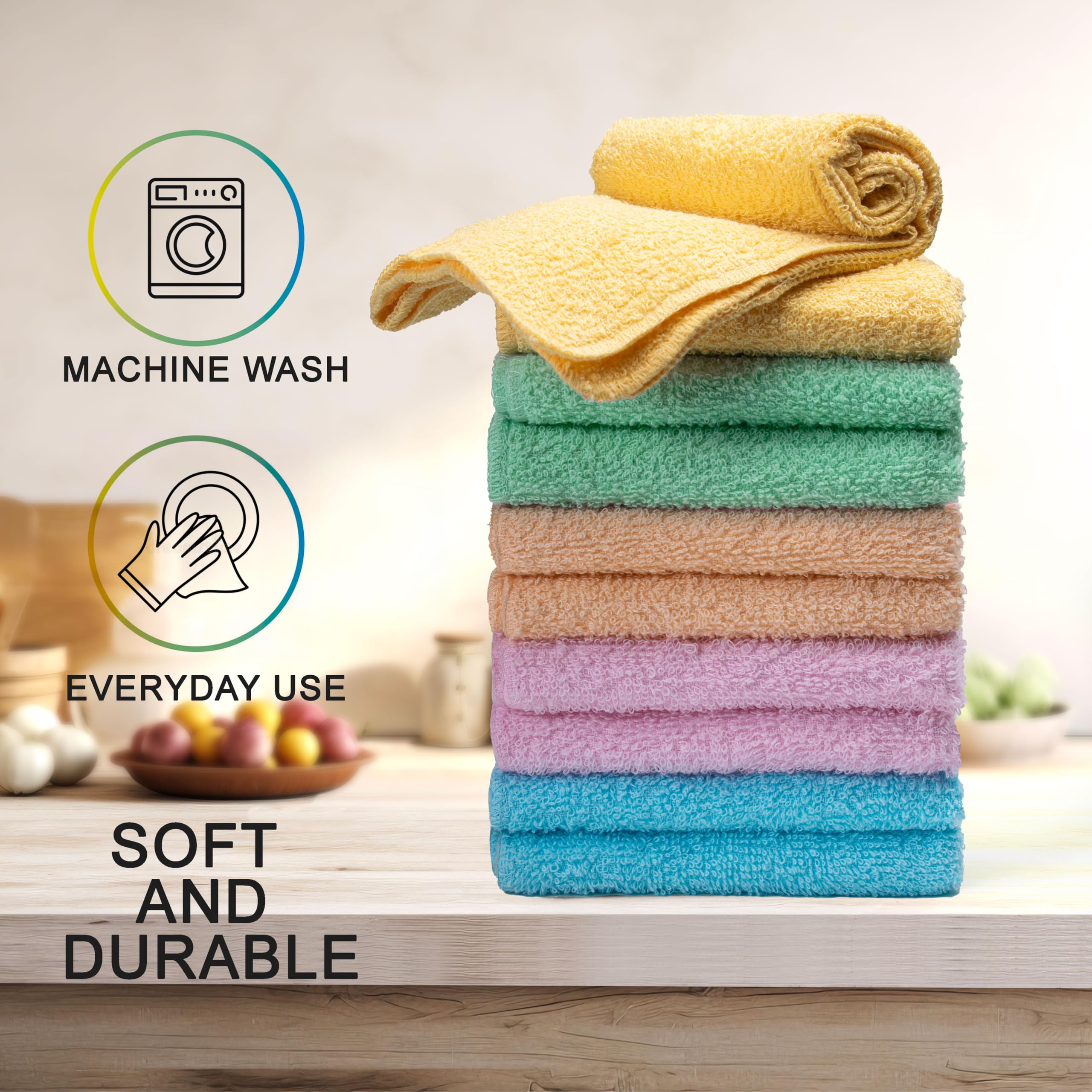 Terry Washcloths – 12x12 Inches – Pack of 10 – Multicolor – Highly Absorbent, Soft Feel and Multipurpose Cotton Wash Cloths for Everyday Use