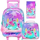 gxtvo Girls Rolling Backpack, Cute Unicorn Roller Wheels Kids Bookbag - Wheeled Elementary School Bag - 3PCS Unicorn