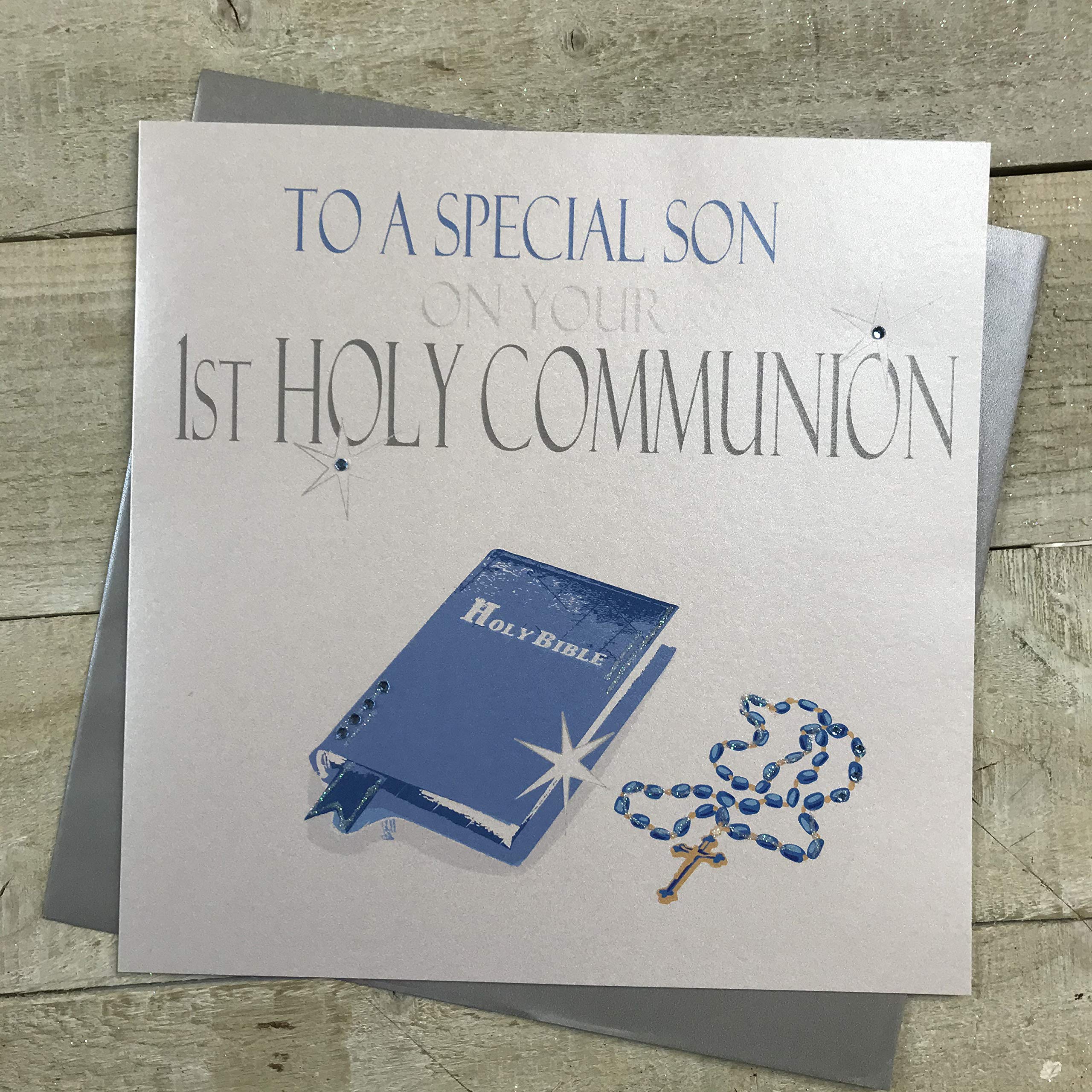 white cotton cards Large Handmade To A Special Son On Your 1st Holy Communion Blue Bible Card, White, XN89S