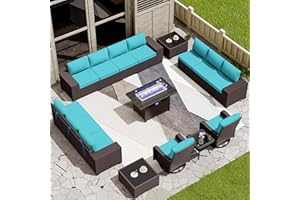 RTDTD 16 Pieces Outdoor Patio Furniture Set Outdoor Furniture Patio Sectional Sofa Conversation Sets w/ETL Approved 45" Gas Outdoor Fire Table & Coffee Table, Swivel Rocking Chair (Turquoise)