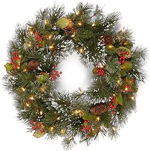 National Tree Company Pre-lit Artificial Christmas Wreath| Flocked with Mixed Decorations and Pre-strung White Lights | Wintry Pine - 24 inch