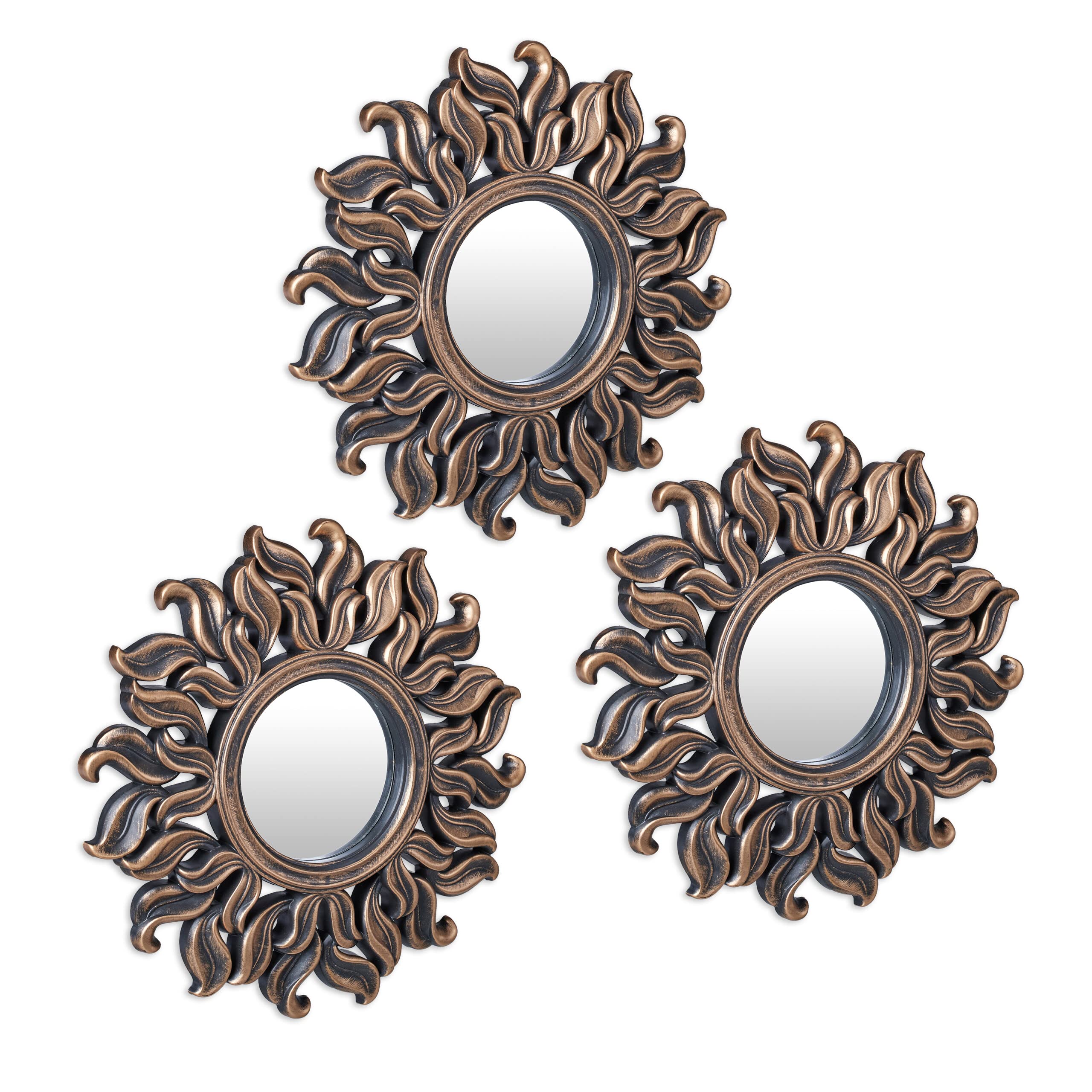 Relaxdays Set of 3 Sun Mirrors, Round, Decorative, Ø 24 cm, Wall Mount, Plastic Frame, Lounge, Bedroom & Hallway, Bronze, Glass