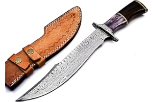 BK-42 Handmade Damascus Steel 15 Inches Hunting Razor Sharp Knife - Beautiful Rosewood, Bone & Bull Horn Handle With Hand Sti