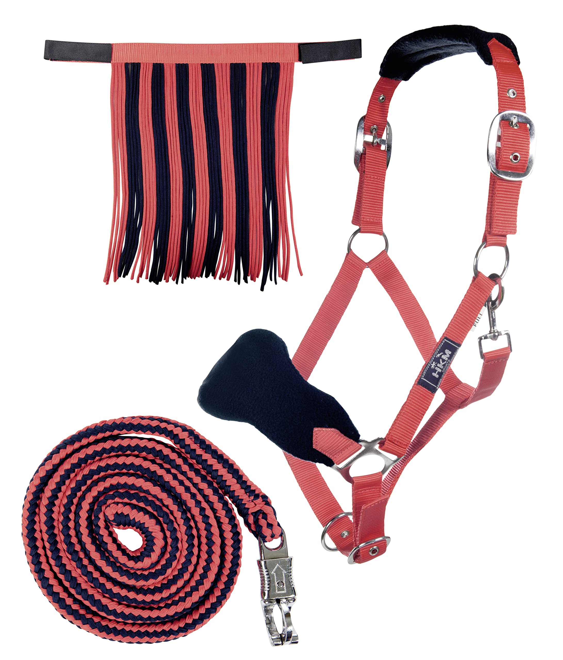 HKM Head collar set with panic hook & fly fringe Red/Dark Blue Full