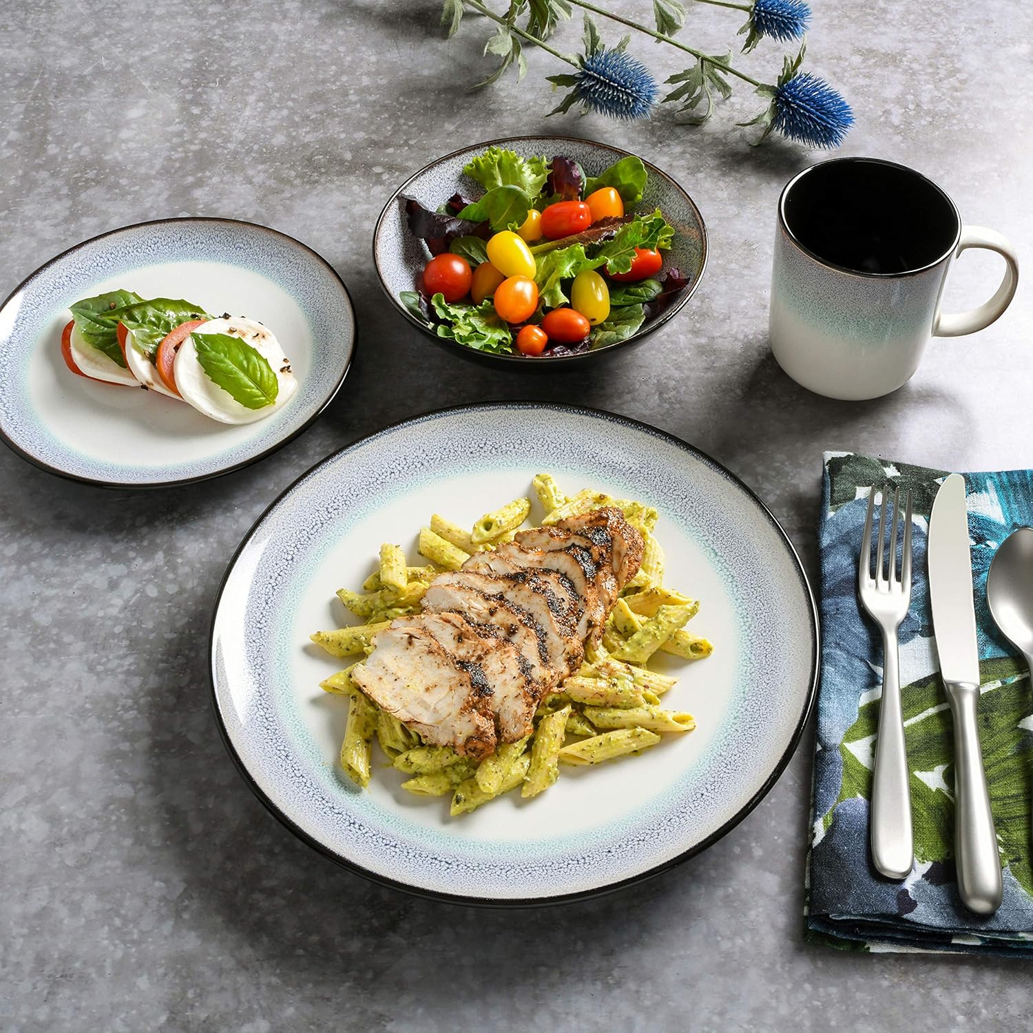  | Gibson Elite Rings of Saturn Round Reactive Glaze Stoneware Dinnerware Set, Service for Four (16pcs), Teal Blue: Dinnerware Sets