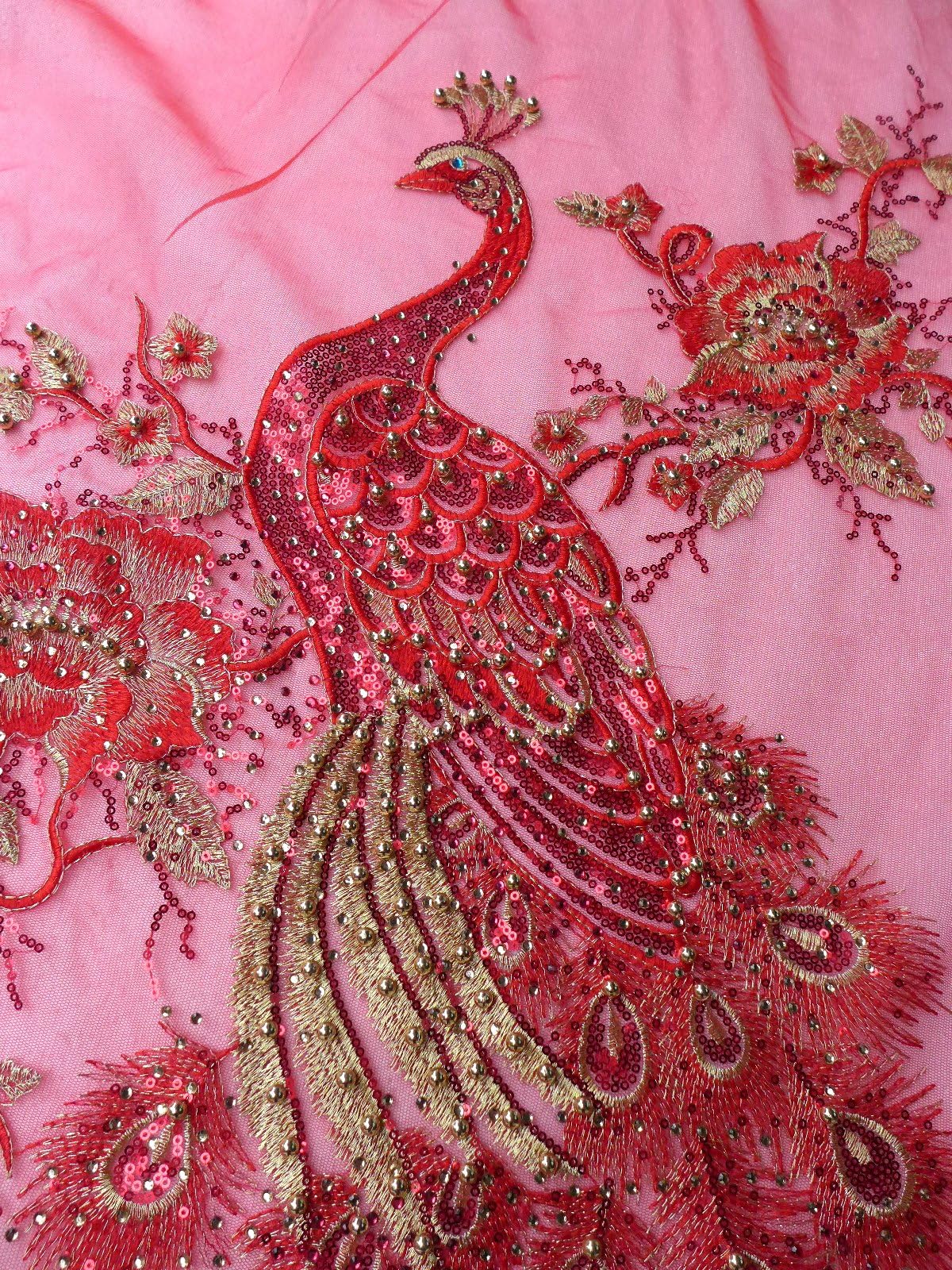 Red/black Sequins Metallic Pearls Stones Bridal Gown Skirt Veil Accessories Lace Trim Lace 90 X 45cm By Piece (Red)