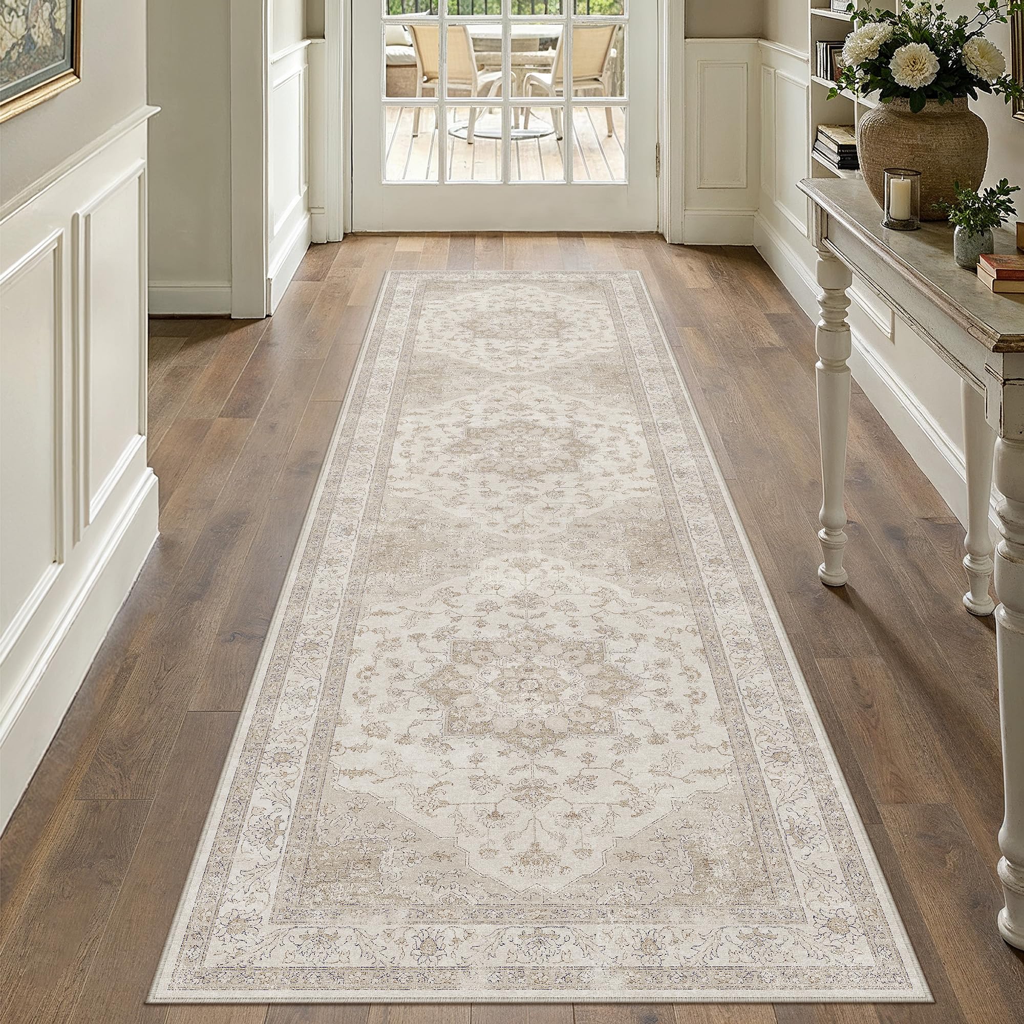 Photo 1 of PureCozy Beige Runner Rug 2'6"x14' Washable Vintage Carpet Hallway Kitchen Soft Retro Low Pile Thin Indoor Bedroom Non Slip Oriental Medallion Long Throw Rug for Bathroom Laundry Dining Room