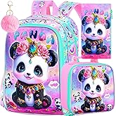 FTJCF 3Pcs Girls Backpack, 16" Kids Bookbag with Lunch Box,Panda School Backpacks for Elementary Preschool Kindergarten (Pink)