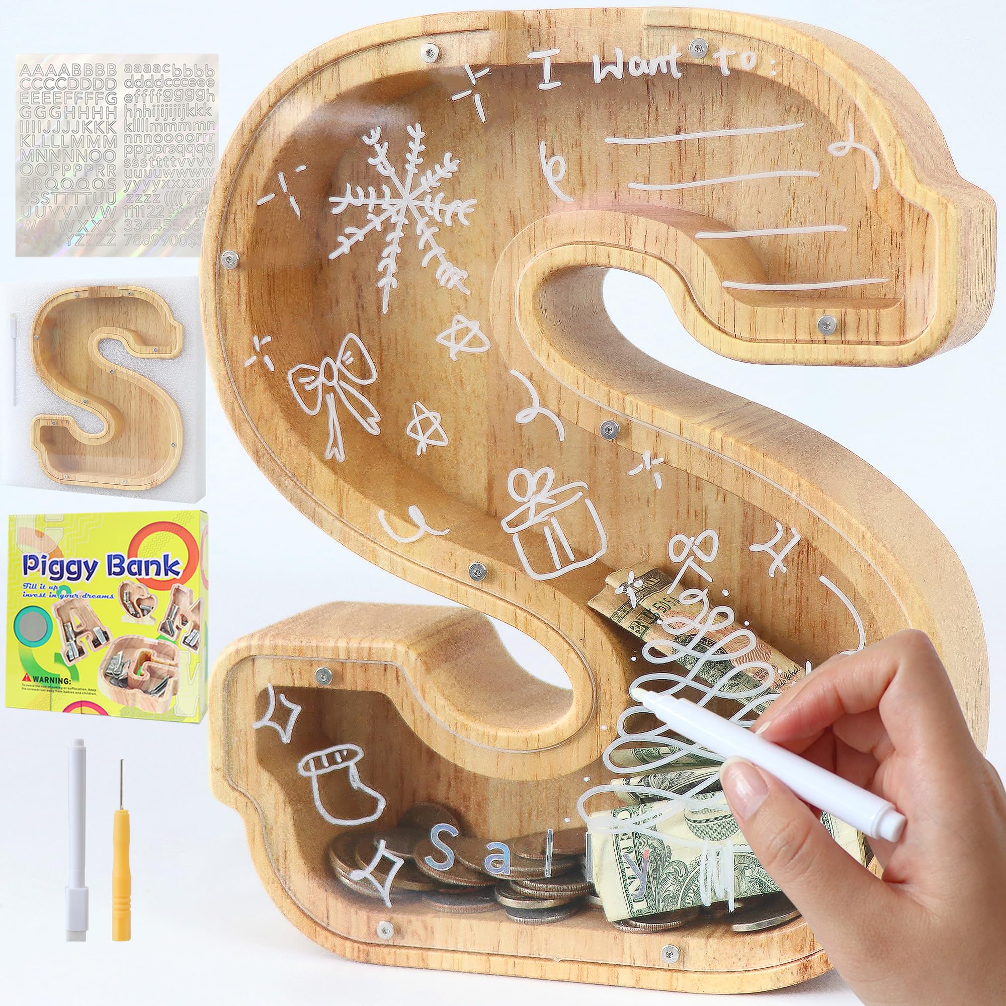 Mikytoper Letter Money Box for Kids Large Wooden Personalized A-Z Piggy Bank Clear Alphabet Money Bank Coin Bank for Gift Decoration Baptism (S)