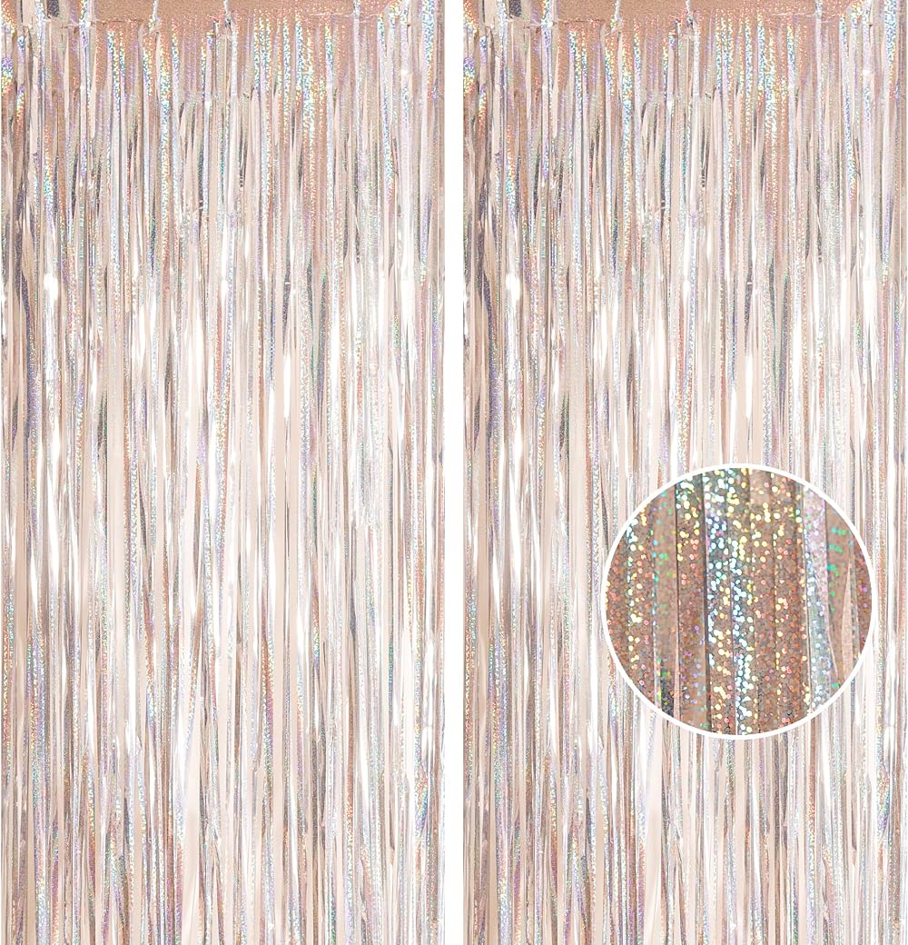 YAAVAAW 2pcs Glitter Silver Tinsel Curtain Backdrop 3.2x8.3ft
