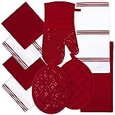 Sticky Toffee 9-Piece Kitchen Set – Red 100% Cotton Terry Dish Towels, Dishcloths, Oven Mitts, and Pot Holders with Non-Slip Silicone, Oeko-Tex Cotton