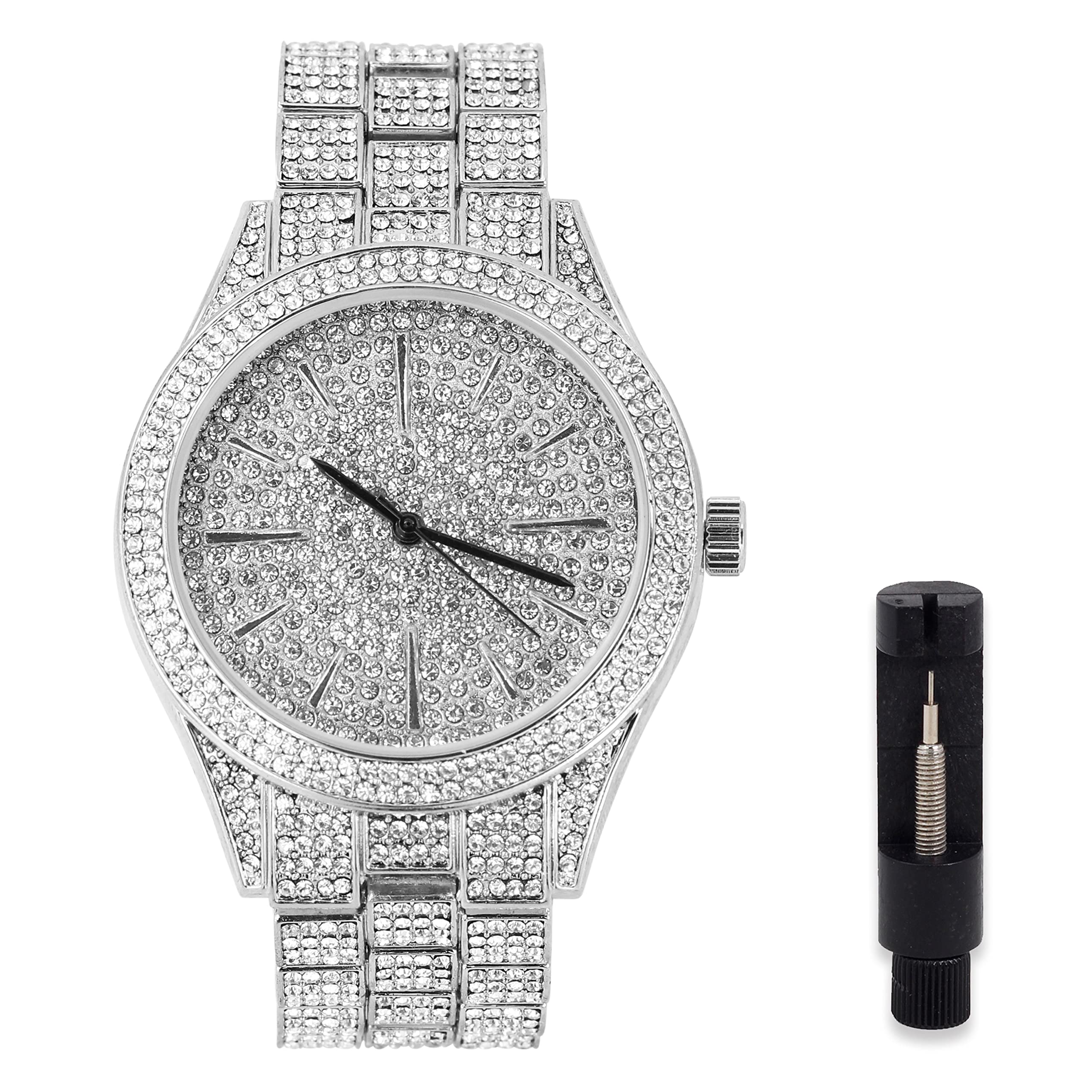 Mens Iced Out 42mm Diamond Watch with Simulated Diamonds and Bling Dial,Bling-ed Out Fully Adjustable Metal Band,Quartz Movement,14k Gold Tone, and Silver Tone Finish, mens-standard, Casual Watch