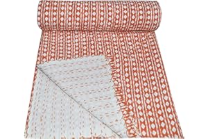 MAVISS HOMES Indian Block Print Quilt Kantha Quilt Queen Size Throw Blanket Bedspread Pure Cotton (Twin 90 X 60 Inch, Orange)