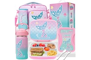 Oruiji Mermaid Bento Box for Kids Lunch Box for Girls Bento Lunch Box for Kids with 5 Compartments Stainless Steel Water Bottle, Lunch Bag, Ice Pack Set Back to School Supplies