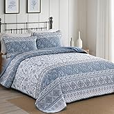 Yiran Blue Boho Quilt Set Queen Size Striped Bedspread Floral Bedding Set 3 Pieces Soft Microfiber Paisley Quilt with 2 Pillow Shams 96" x90''