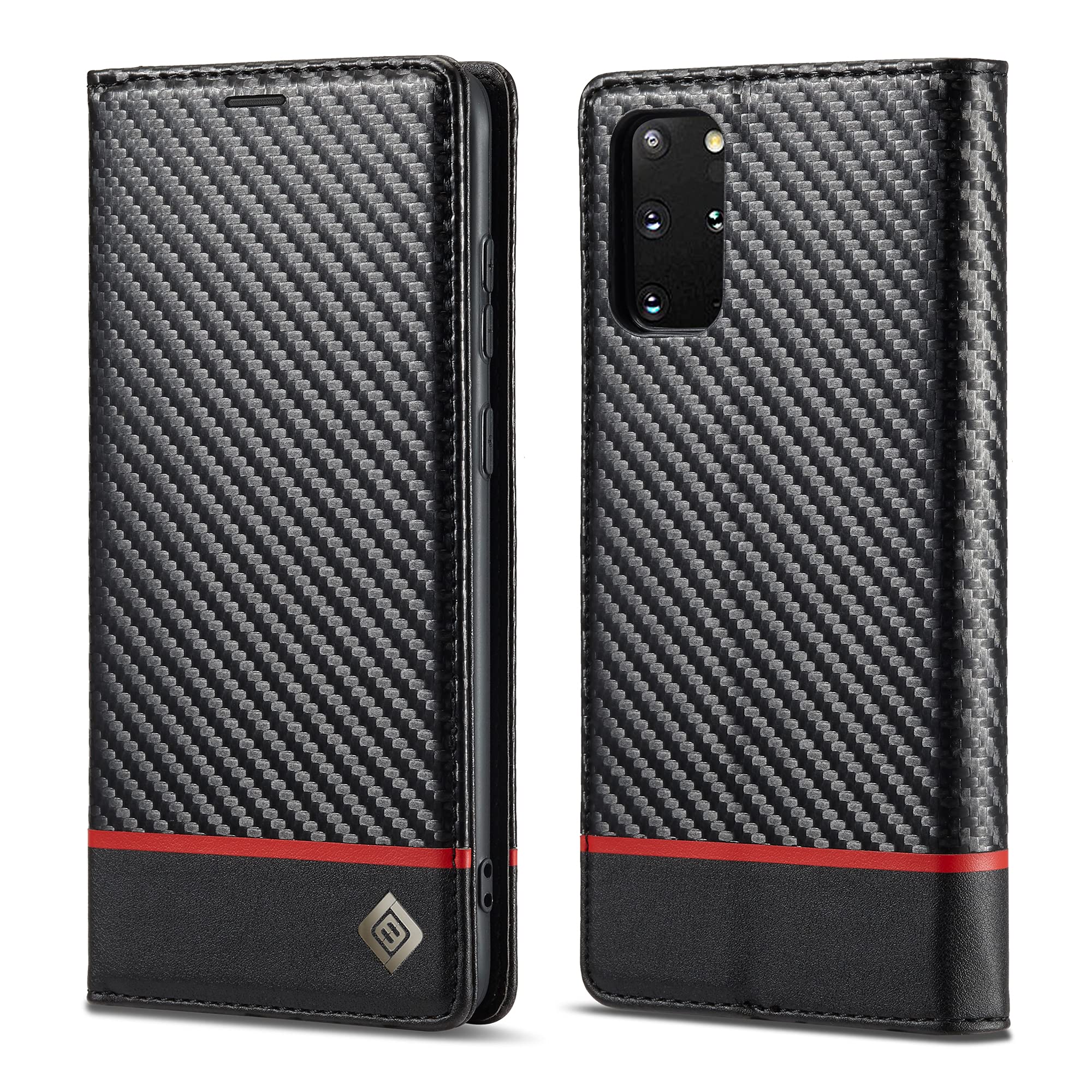 ZTOFERA Compatible with Samsung Galaxy S20 FE Wallet Case (Not fit S20), Premium PU Leather Carbon Fiber Flip Case with Card Holder Magnetic Closure Protective Cover for S20 FE, Horizontal Red Line