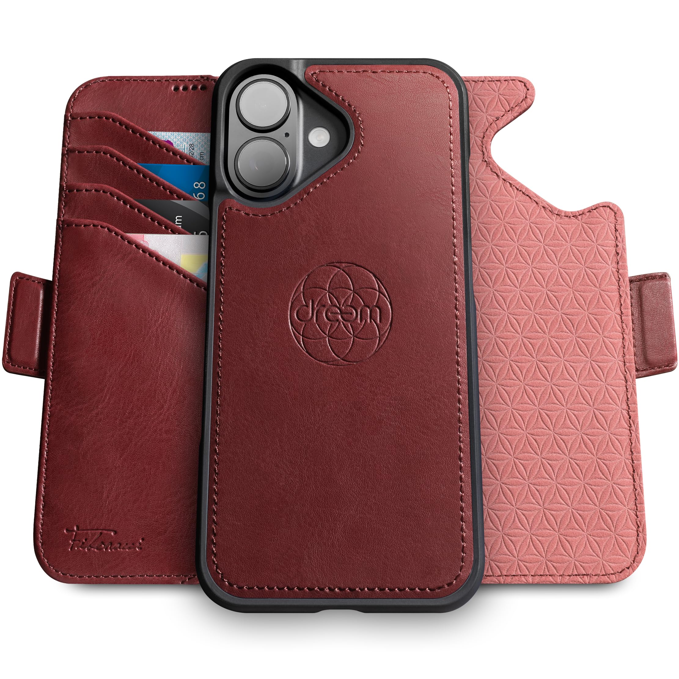 dreem Wallet Case for iPhone 16 Plus, Revolutionary Vert/Hor Phone Stand, Magnetic Detachable Vegan Leather Flip Cover RFID Blocking Card Holder, MagSafe-Fit, Gift Box [Fibonacci: Burgundy]