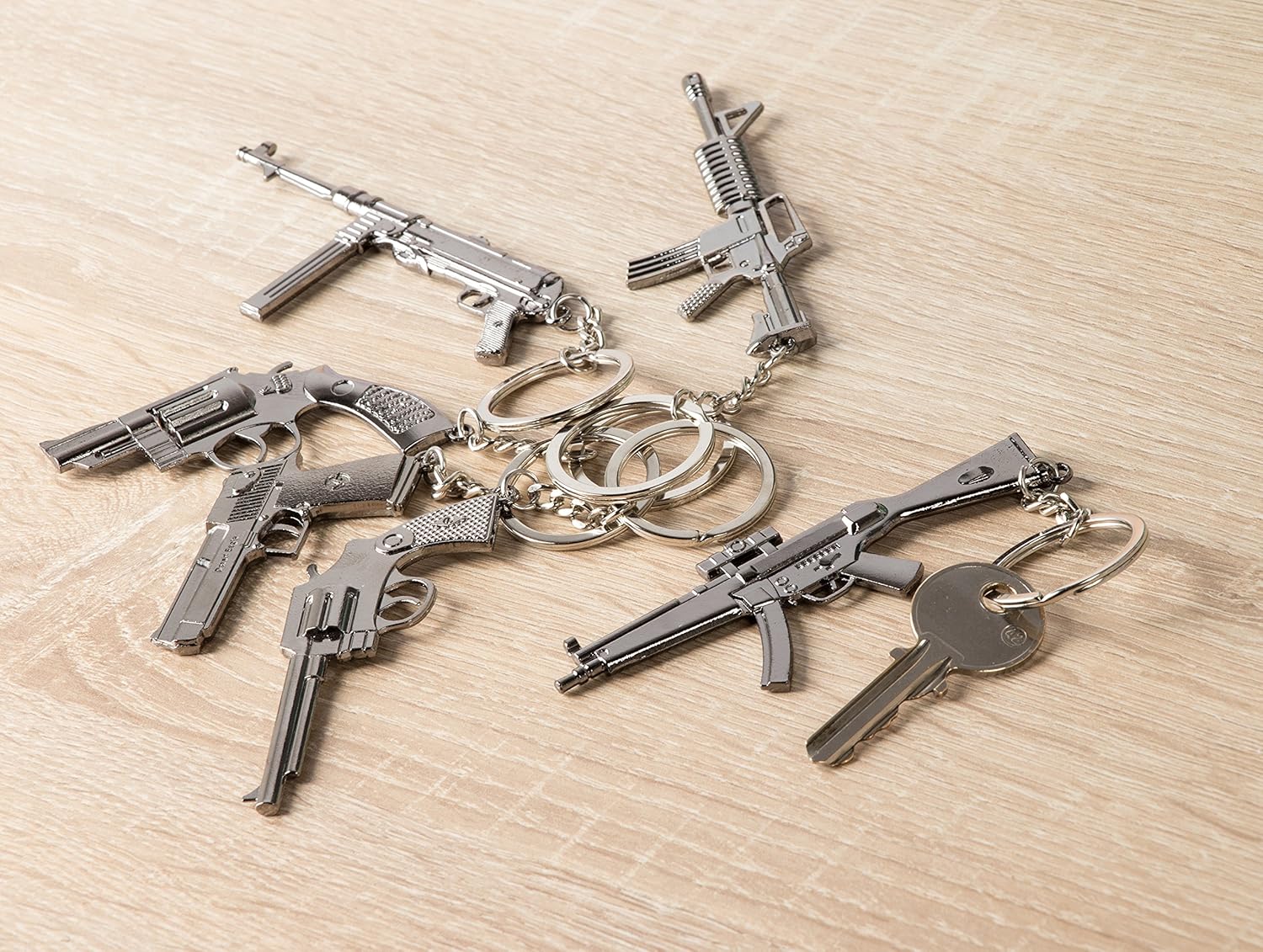 Gun Keychain - 6-Pack Metal Weapon Key Rings Pendant for Men, Birthday Gifts, 6 Designs, Silver: Office Products