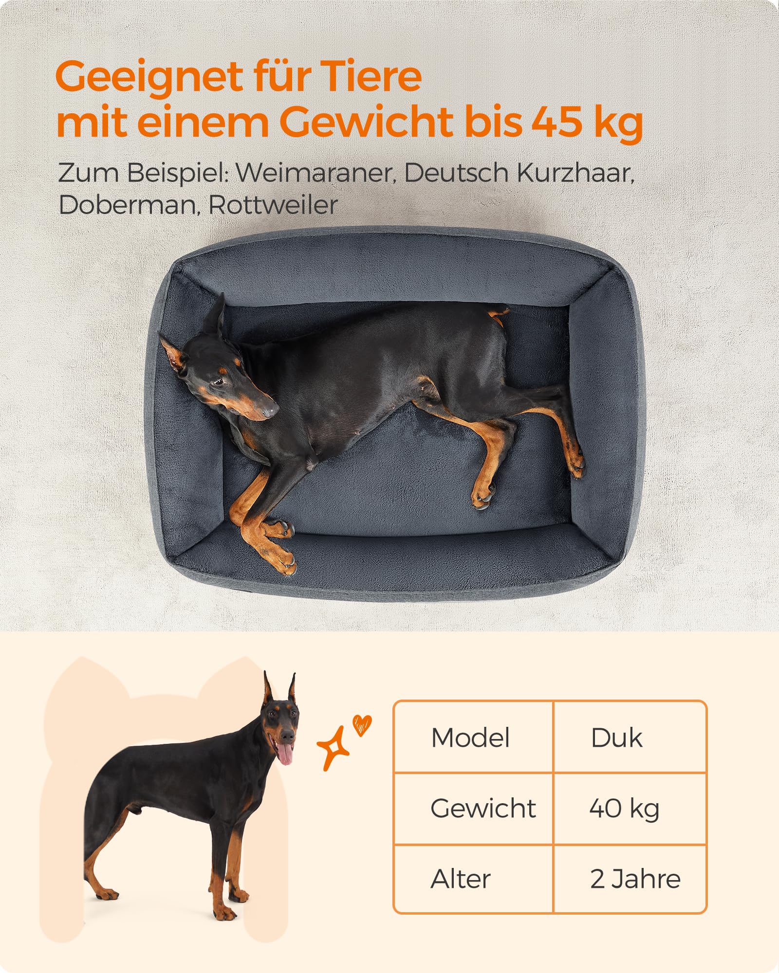 Feandrea Hundebett, Hundekissen in Leinenoptik, Hundekorb, erhöhte Ränder, rutschfeste Unterseite, Bezug abnehmbar waschbar, XXL, für extra große Hunde, 120 x 90 x 30 cm, dunkelgrau PGW013G01 9