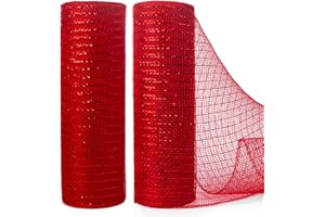 Ribbli 2 Rolls Red Mesh Ribbon,10 inch x 30 feet(10Yard) Each Roll,Metallic Red with Foil,Christmas Ribbon for Wreath Swags and Decorating