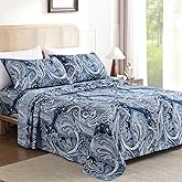 Paisley Sheet Set King, 4 Piece Paisley Pattern Navy Blue Bed Sheet Set, Soft Microfiber 14 Inch Deep Pocket Vintage Bed Sheets - 1 Fitted Sheet, 1 Flat Sheet, 2 Pillowcases (Navy)