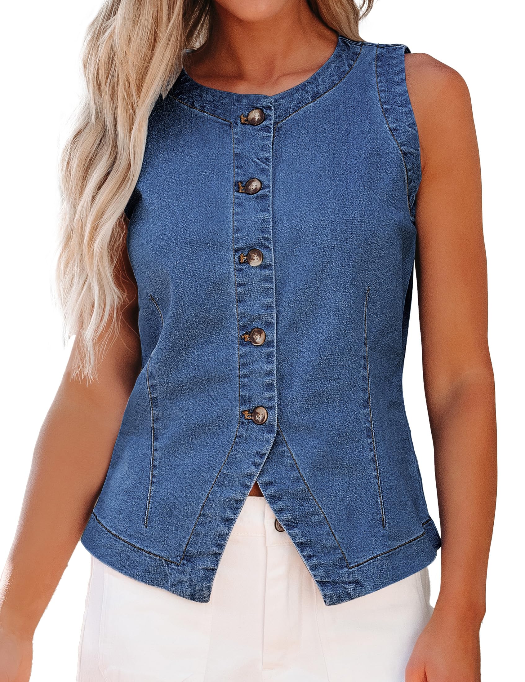 Photo 1 of luvamia Denim Vest Sleeveless Strechy Jean Vest Top for Women Casual Country Concert Outfits for Women Summer Western Button Down Waistcoat Medium Blue Large US Size 12 Size 14