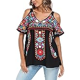 YZXDORWJ Women's Mexican Tops Cold Shoulder V Neck Sexy Blouse Short Sleeve Shirts Embroidered Floral Tunic