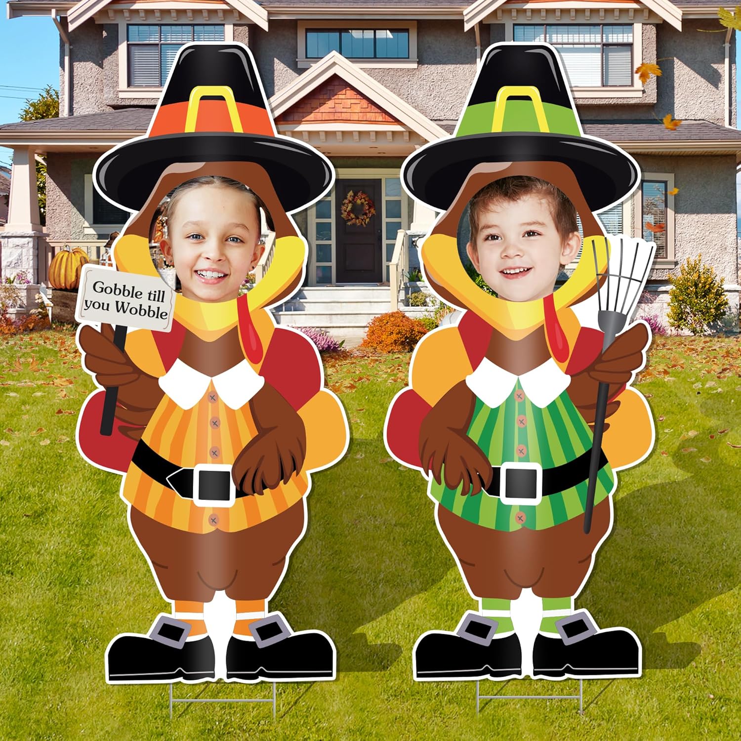 Yard Signs - Thanksgiving Turkey Yard Signs Decorations Outdoor, 2 Set 35.4” Thanksgiving Turkey Face Yard Signs with Stakes Thanksgiving Decor Photo Props Welcome Signs Thanksgiving Yard Lawn Garden Decorations