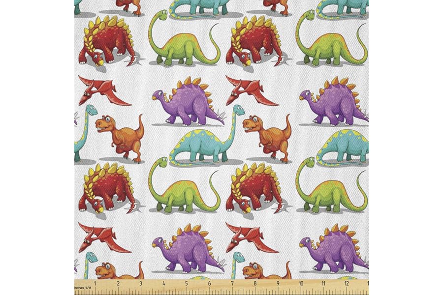 Lunarable Jurassic Fabric by The Yard, Colorful Cartoon Dinosaur Illustration Herbivore and Carnivore Animals Pattern, Microfiber Fabric for Arts and Crafts Textiles & Decor, 2 Yards, Teal Purple