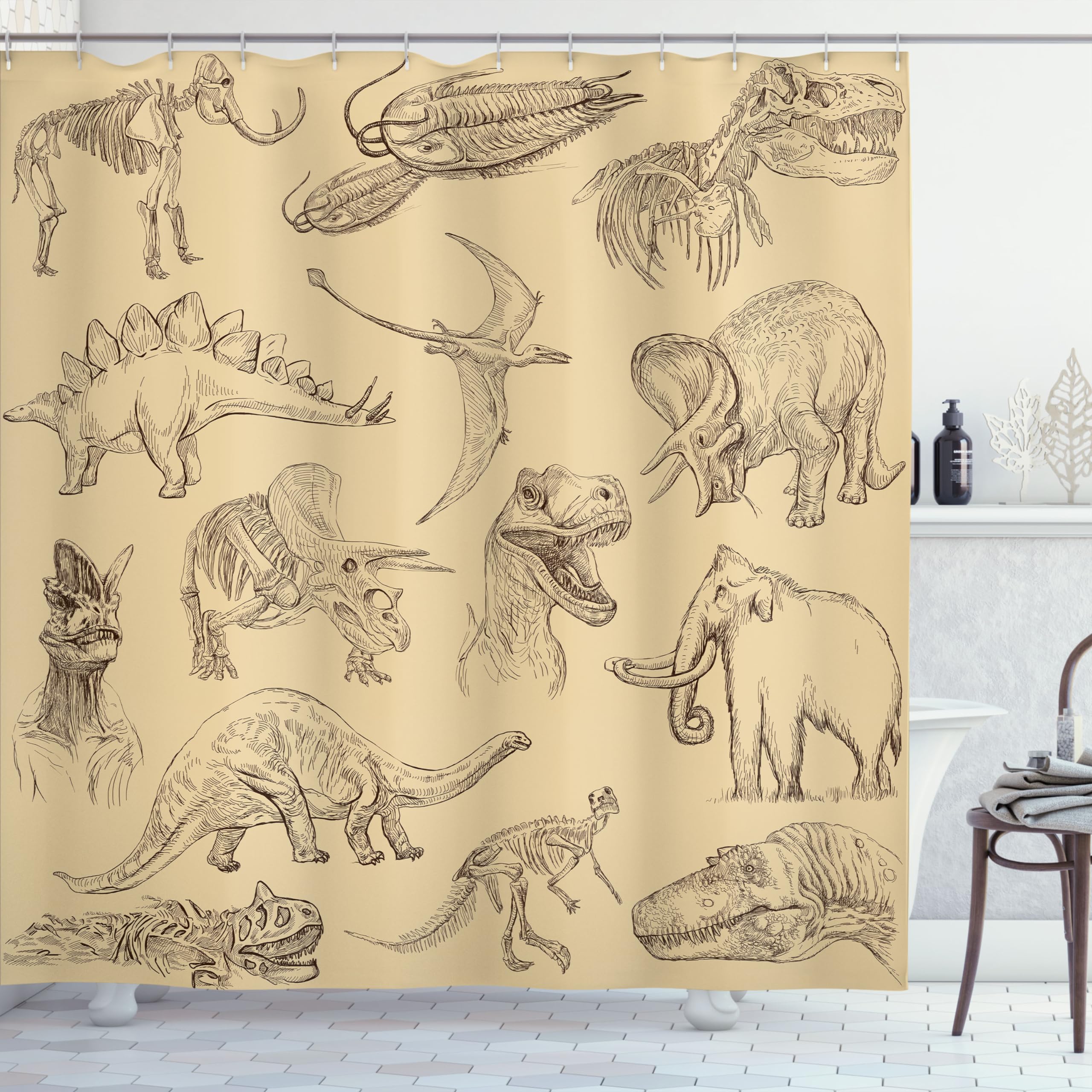 ABAKUHAUS Jurassic Shower Curtain, Arrangement of Various Dinosaurs Illustrations Skeleton Biology Historic, Cloth Fabric Bathroom Decor Set with Hooks, 175 x 200 cm, Ecru Black