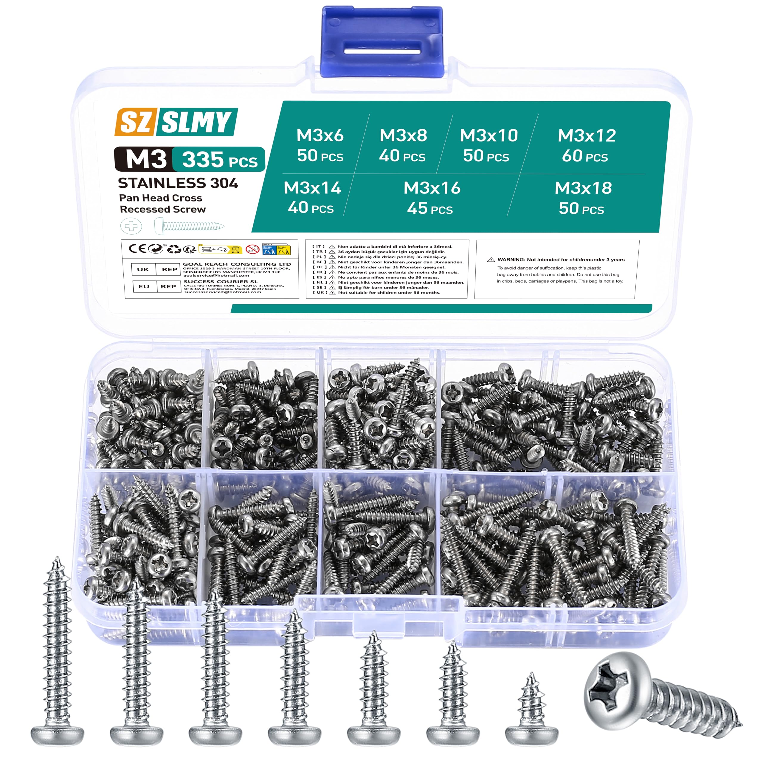 M3 Pan Head Screws, 35 Pcs Self Tapping Screws for Wood Screws Assortment Set, Carbon Steel Phillips Round Head Tapping Screws, Self-Drilling Screw Kit(6/8/10/12/14/16/18mm)