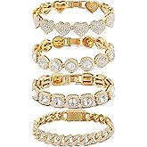 shopbyskyler 4PCS Gold Bracelets for Women Silver Clustered Tennis Bracelet for Women Heart Round Diamond Cuban Bracelet Layered Link Bracelet Set Fashion Jewelry for Women Set