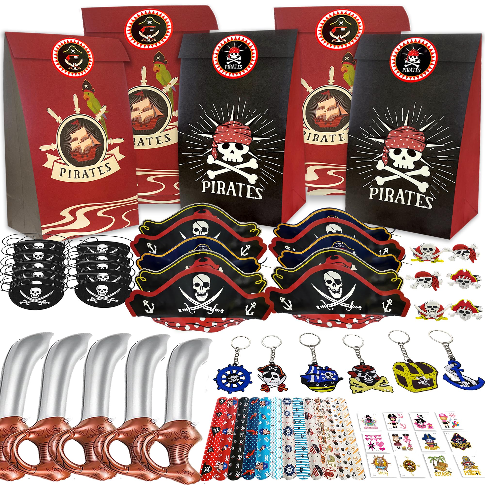NlsqUK Pirate Party Bags, 96Pcs Pirate Party Favours Decorations,Bag Fillers Accessories Party Supplies Keychains Hat Slap Bands Rings, Treasure Hunt Party