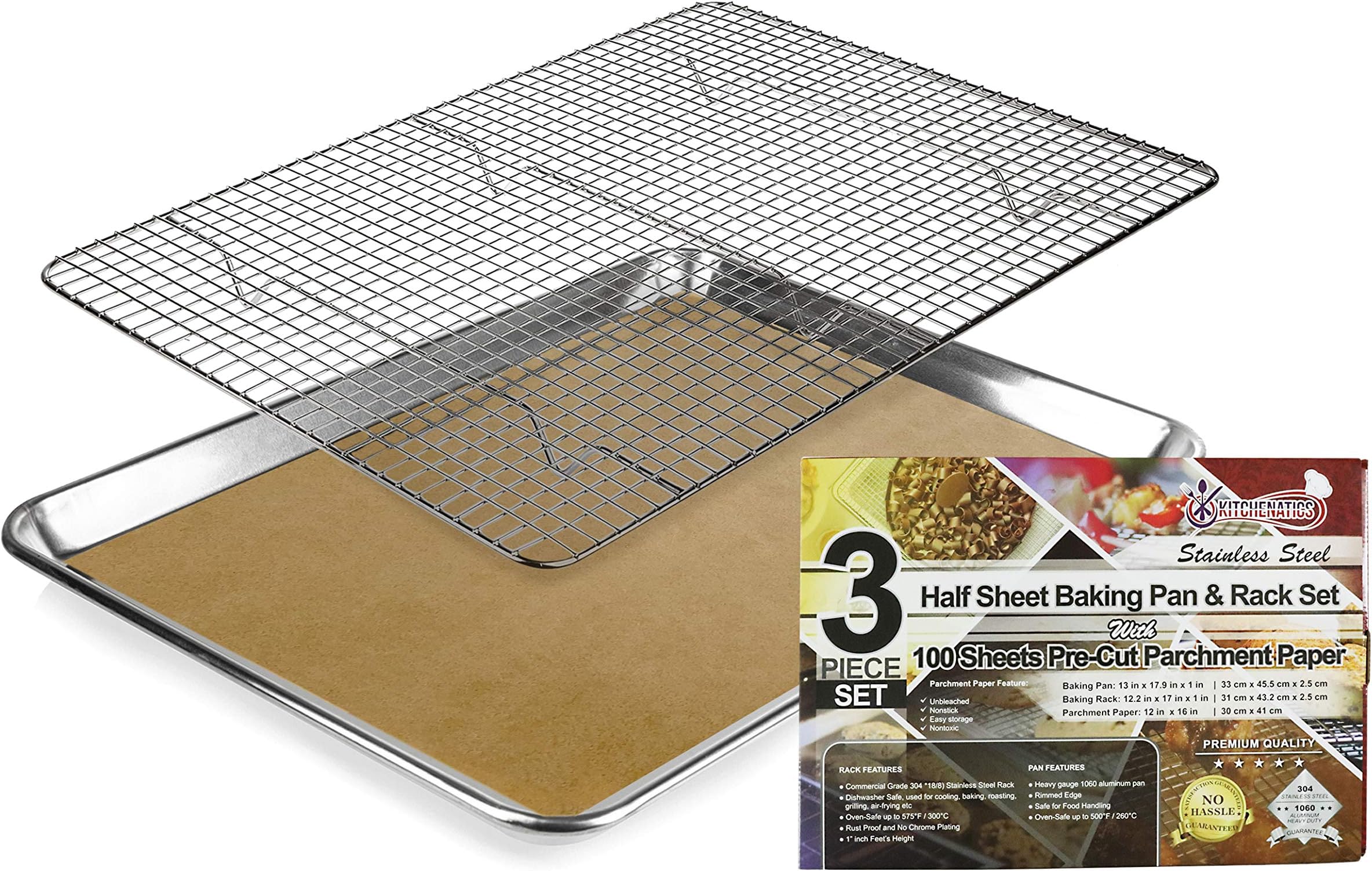 KITCHENATICS Heavy Duty 1/2 Baking Sheet & Wire Rack Set w/ 100 Pcs Parchment Paper, 1/2 Baking Sheet & Rack Set, Cookie Pan w/Cooling Rack, Half Oven Sheet Pan, Rack w/Baking Paper 13.1" x 17.9" IN