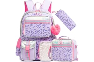 Meetbelify Backpack for Girls School Backpack Aesthetic Backpack with Lunch Box for Elementary Student Teen Girls Cute School Bag Kids Bookbag for Girls 8-10 Purple Love