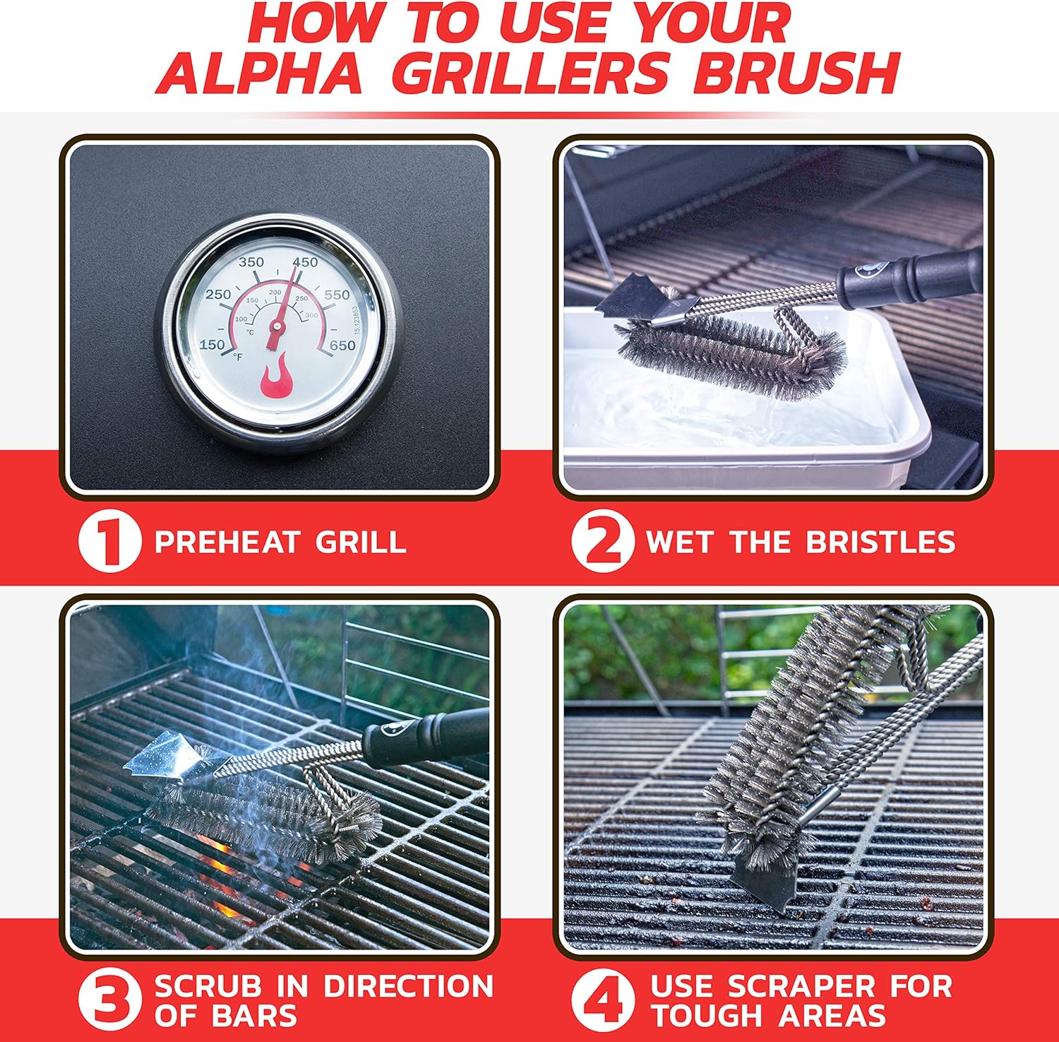 Alpha Grillers Grill Brush and Scraper. Best BBQ Cleaner. Perfect Tools for All Grill Types, Including Weber. Stainless Steel Wire Bristles and Stiff 18 Inch Handle. Ideal Barbecue Accessories: Home & Kitchen