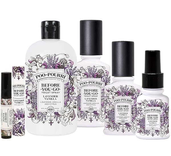 POO-POURRI LAVENDER VANILLA COLLECTION INCLUDES 16 OUNCE REFILL, 4 OUNCE, 2 OUNCE, 1.4 OUNCE, 10ML AND SECRET SANTA TRAVEL SIZE SPRITZER