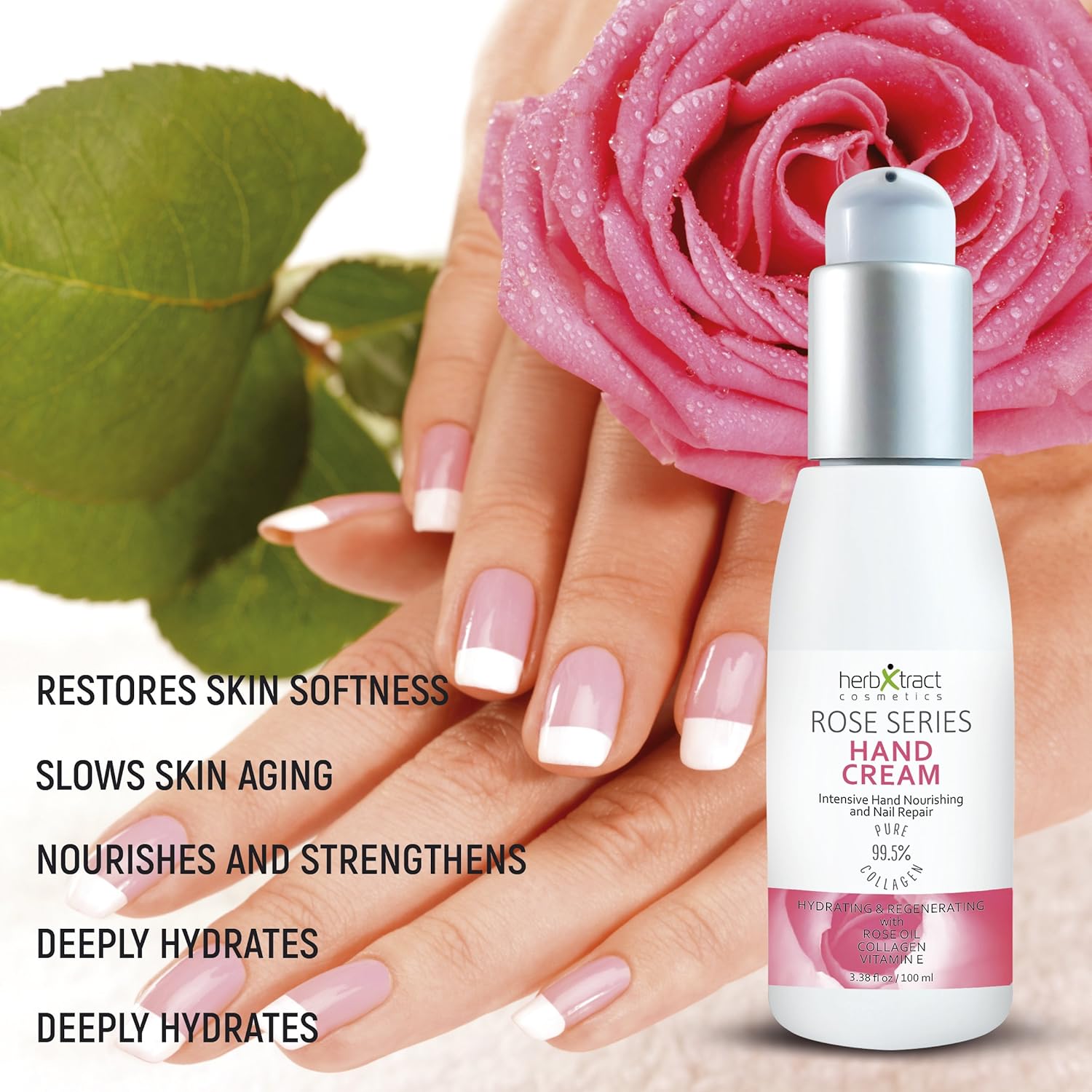 Hand Cream with Collagen, Essential Rose Oil, Keratin and Vitamin E - Anti-aging Lotion for Dry Aging Hands. For Silky Smooth Hands Skin Moisturizer by HerbXtract, 3.4 Fluid Ounces : Beauty