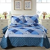 Travan Bedspread Quilt Sets 3-Piece Lightweight Coverlet Set with Shams Reversible Quilted Bedding Set, Blue Floral Patchwork, Queen Size