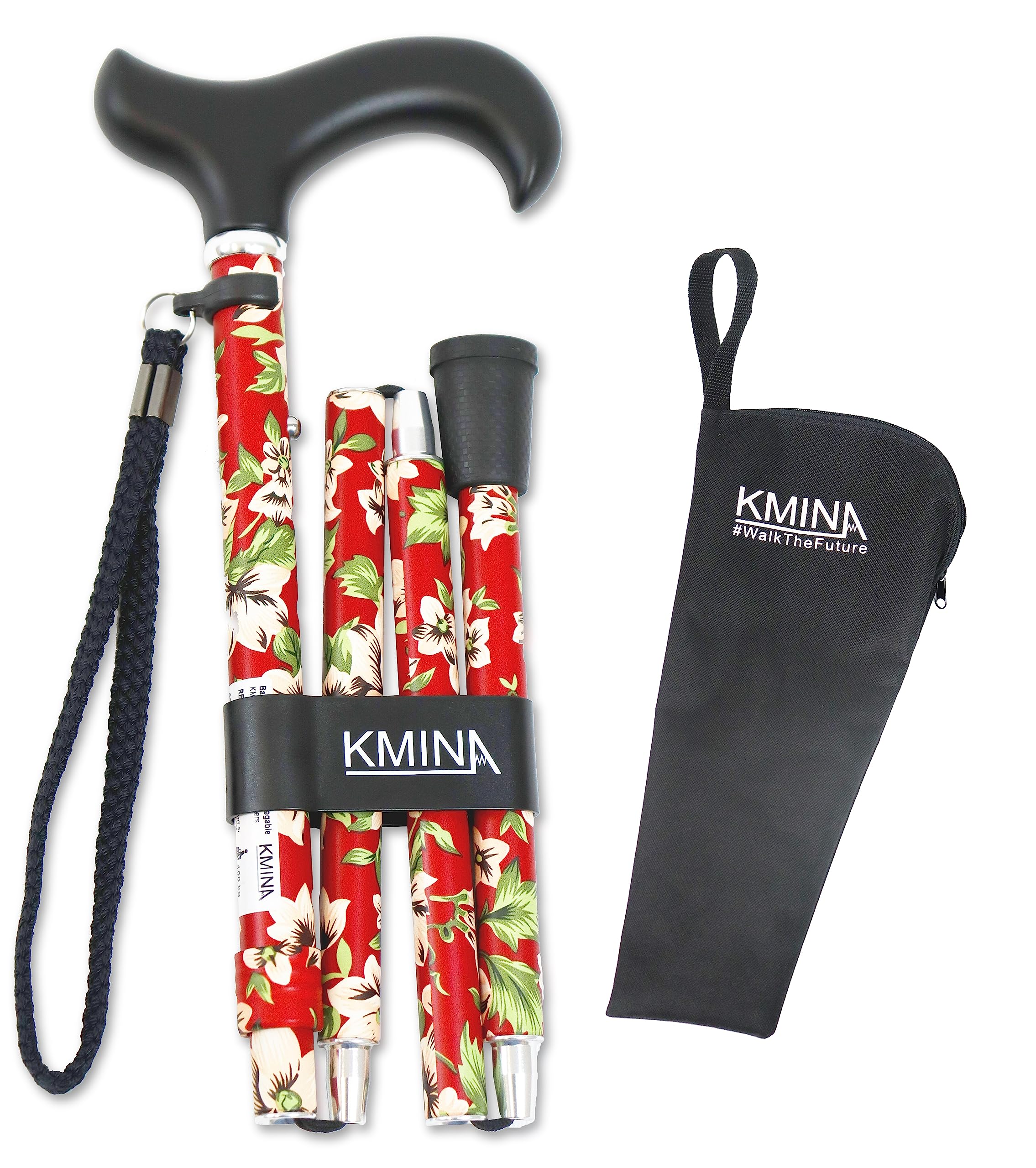 KMINA Folding Walking Sticks for Women and Men, Soft Grip, Adjustable Height, Lightweight, Aluminium, Red Floral - KMINA PRO